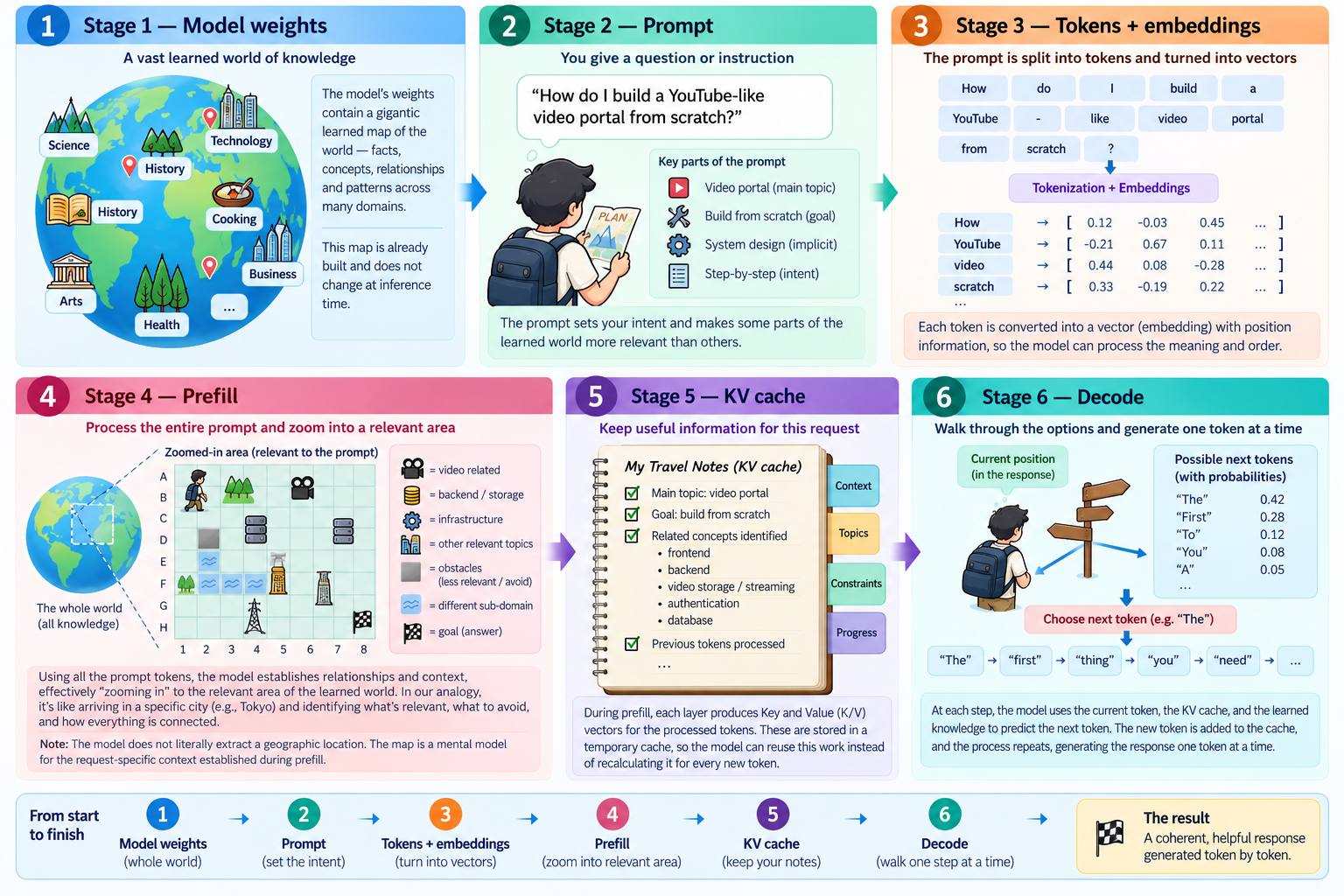 Infographic using a tourist travelling through a learned world to introduce model weights, prompts, tokens and embeddings, prefill, the KV cache, and token-by-token decoding